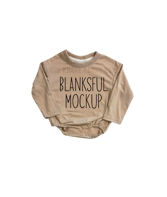 Extra Long Sleeve Baggy Baby Romper Mockup Wheat
