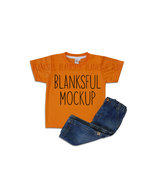 Blanksful Mockup Orange Child Shirt - Shirt mockup for sublimation - Mock up child shirt - Flay Lay Mockup