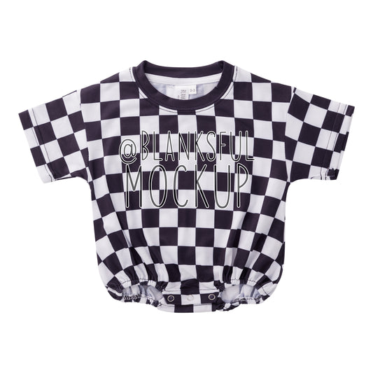 Black Checker Short Sleeve Bubble Romper Mockup