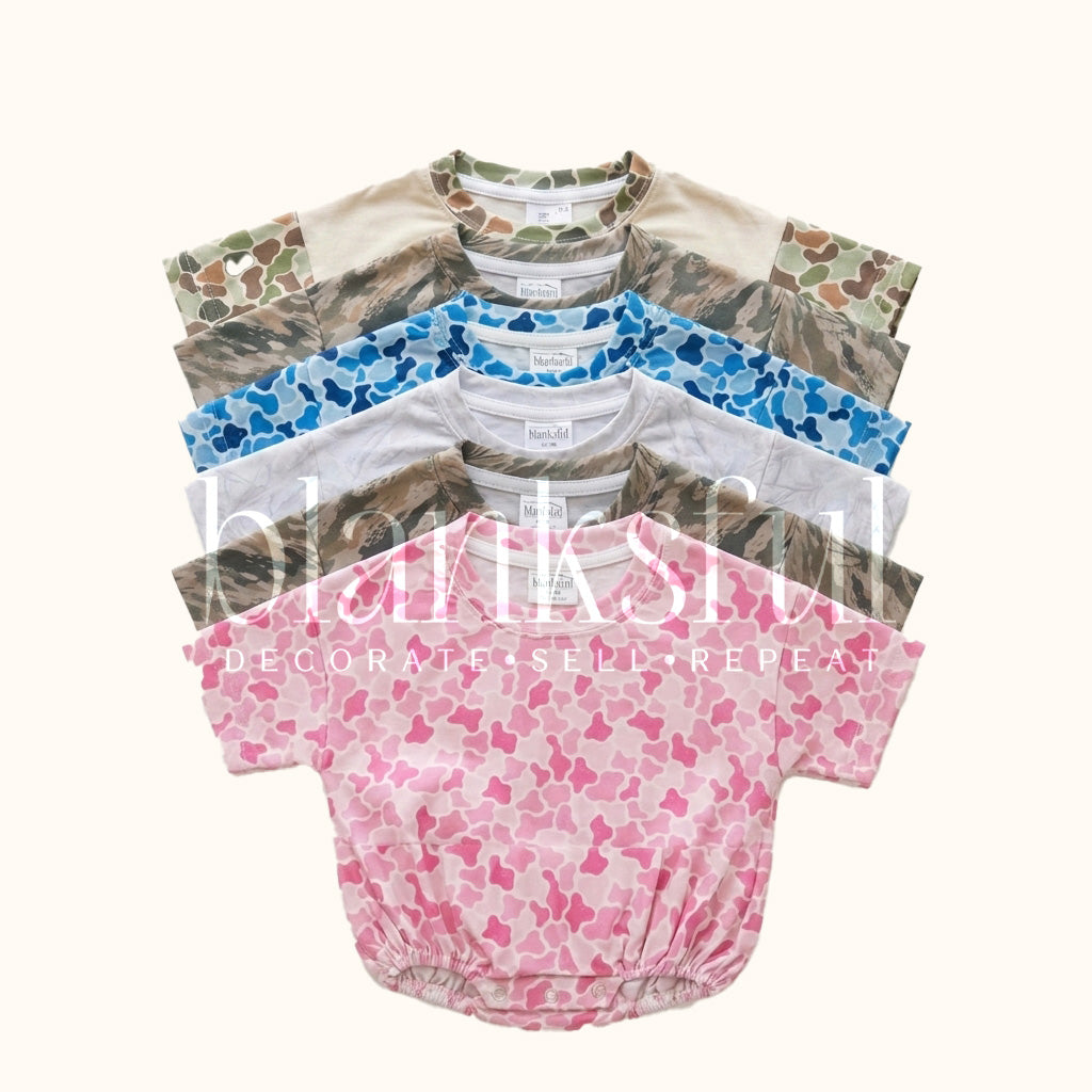 Camo Print Short Sleeve Baggy Bubble Rompers | Sublimation, Embroidery & DTF Blanks