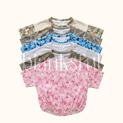 Camo Print Short Sleeve Baggy Bubble Rompers | Sublimation, Embroidery & DTF Blanks