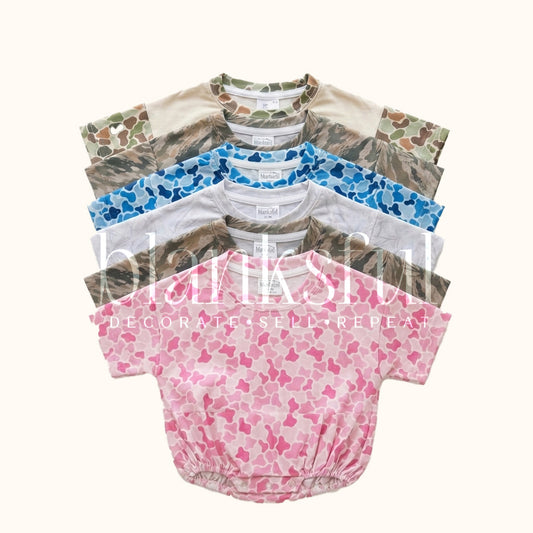 Camo Print Short Sleeve Baggy Bubble Rompers | Sublimation, Embroidery & DTF Blanks