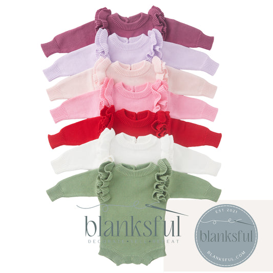 Long Sleeve Knit Romper - Ruffle Shoulders - 100% Cotton