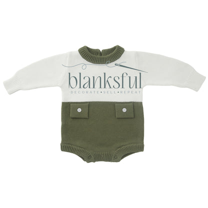 Long Sleeve Knit Romper - Unisex Faux Pockets - 100% Cotton