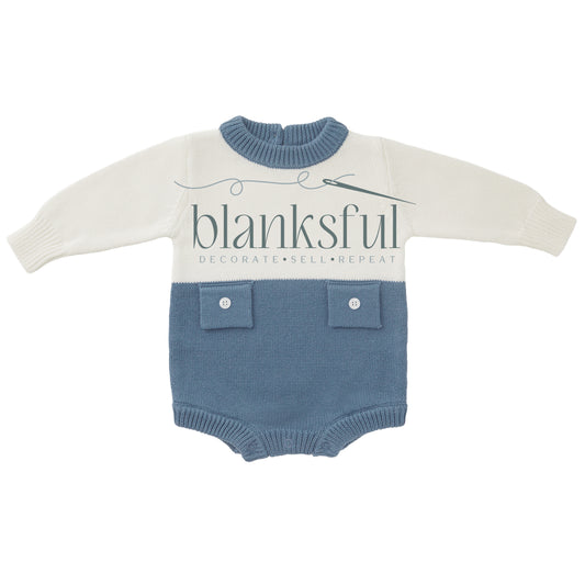 Long Sleeve Knit Romper - Unisex Faux Pockets - 100% Cotton