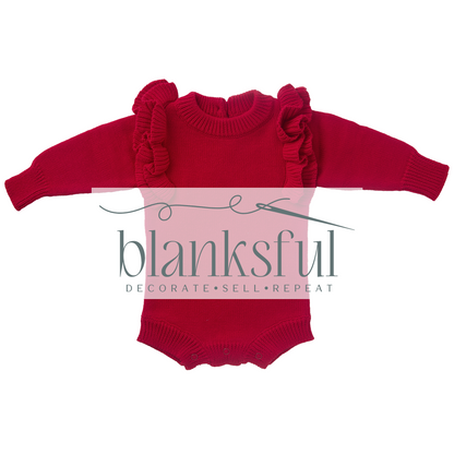 Long Sleeve Knit Romper - Ruffle Shoulders - 100% Cotton
