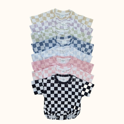 Checker Print Short Sleeve Baggy Bubble Rompers | Sublimation, Embroidery & DTF Blanks
