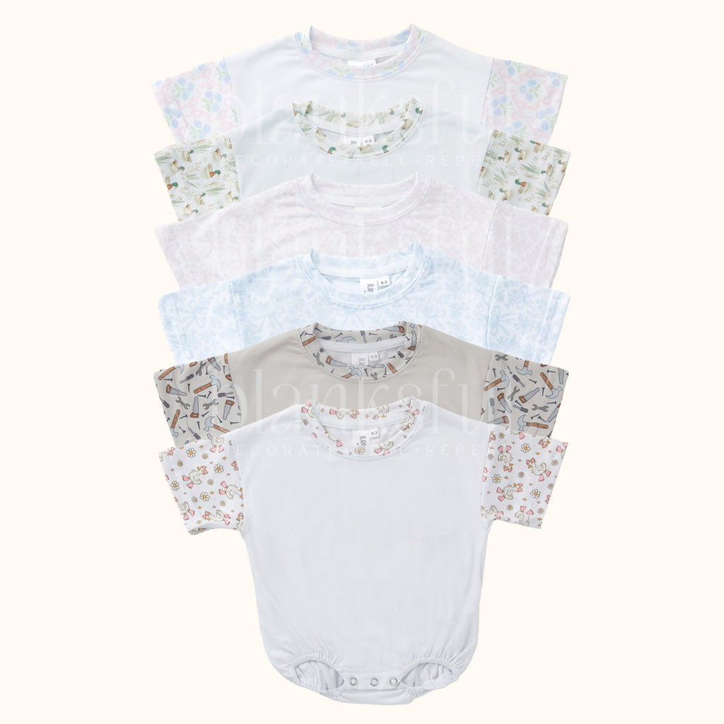 printed baby and toddler baggy bubble romper blanks for sublimation and embroidery