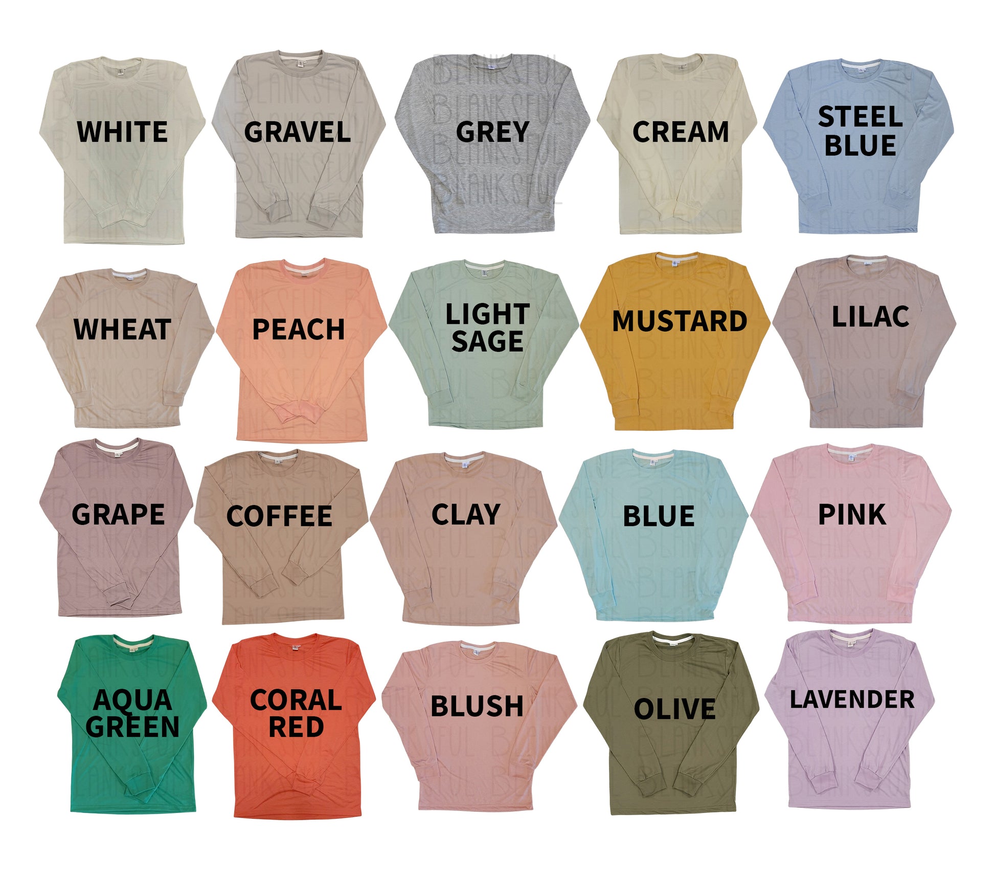 20 COLORS) 100% Polyester Adult Unisex Long Sleeve Shirt – Blanksful