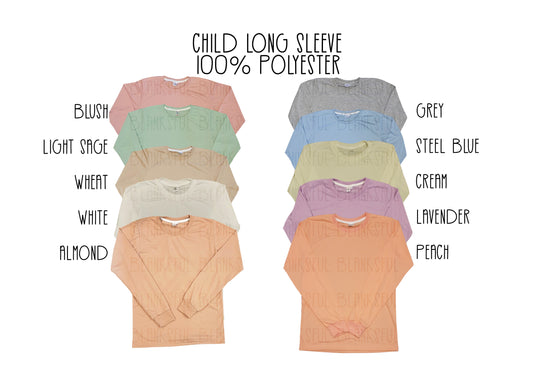 (10 COLORS) 100% Polyester Child Long Sleeve Sublimation Blanks - INFANT - TODDLER - YOUTH